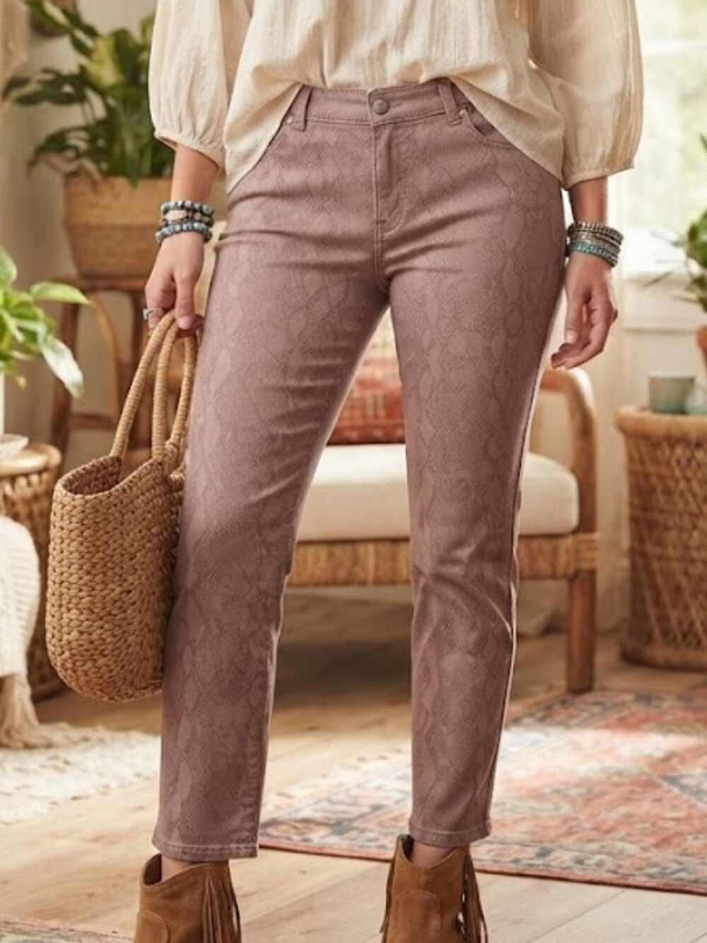 Jockey Person to Person Mauve Snake Print Textured Pants Size 14 Casual Chic